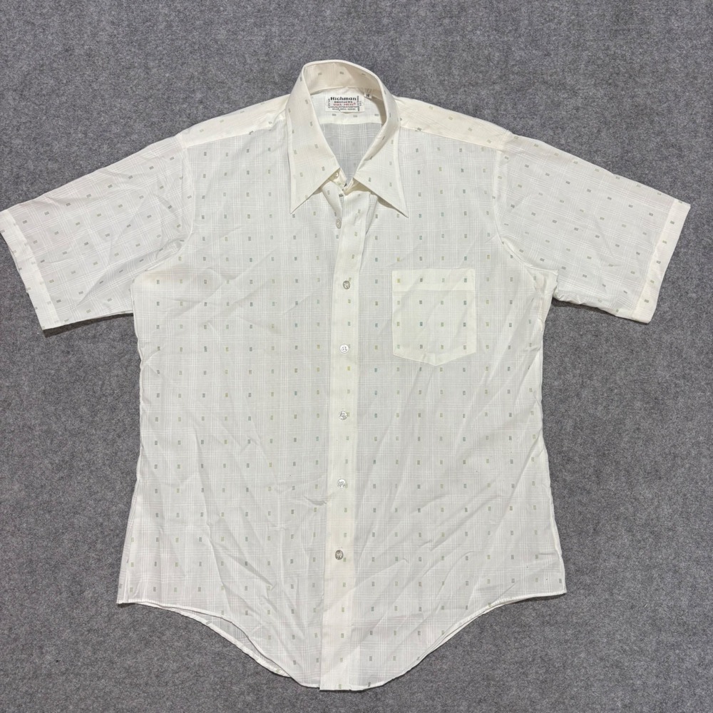 Vintage Richman Brothers Dura-Press White Green Geometric Shirt Men 16 Short Slv